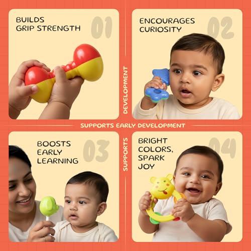 Image of Baby Rattle Set with Teether, 6 Pcs Baby Toys for Infants | BPA-free, lightweight design with smooth edges encourages grasping, sensory learning and comfortable everyday use