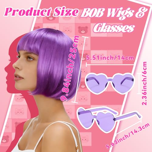 Image of DAJOOEE 2 Pack Party Wigs Wig Cap and Sunglass Set,Short Bob Hair Wigs Straight with Flat Bangs Synthetic Colorful Cosplay Daily Party Neon Wig for Women (Green Purple)