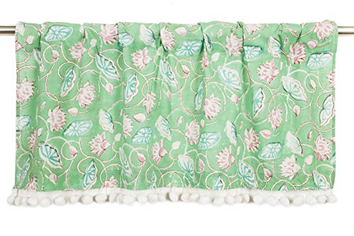 Image of Ravaiyaa - Attitude is everything Hand Block Floral Printed Cotton Short Drapery Valance Half Window Curtain (Green, 40 X 18 Inch)