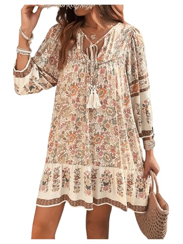 11 Best Casual Summer Dresses for Women Over 60 with Sleeves (Stylish, Cool, and Comfortable) 5 Floerns Women's Vacation Tassel Tie Neck Boho Dress Puff Sleeve Swing Shift Dress Apricot Medium