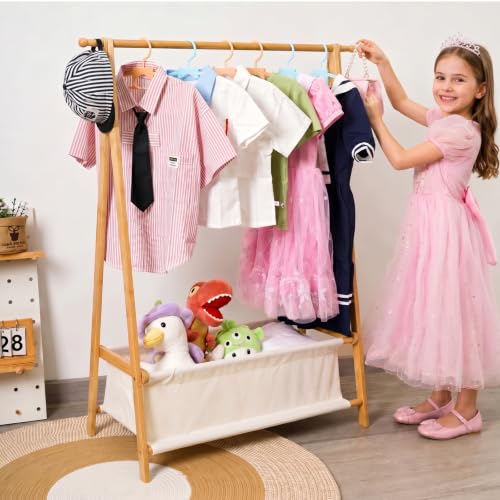 Bamysol Bamboo Kids Dress Up Rail With Storage Natural Baby Wardrobe Baby Crate Hamper with Rail Kids Clothes Rail Montessori Dress Up Rack 86L x 36W x 106H cm