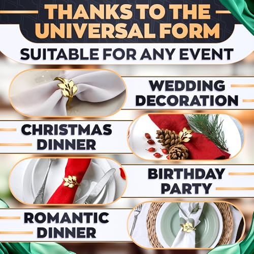 Image of Easter Gold Napkin Rings Set of 12 - Gold Leaf Napkin Rings Set | Elegant Design Napkin Ring Holders for Easter Table Decorations, Festive Dinners, Special Events & Holidays, Kitchen Gifts for Hosts