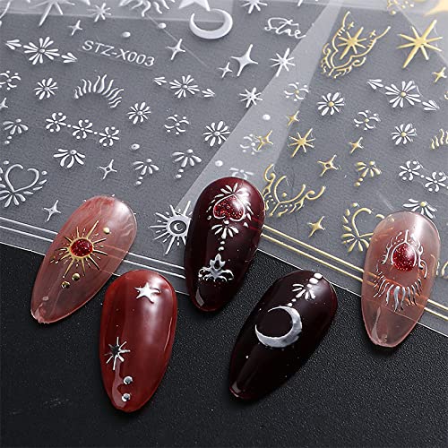 6 Sheets Gold Silver Nail Art Stickers Sun Moon Nail Stickers 3D Self-Adhesive Star Nail Decals Metallic Necklace Art Design Nail Art Supplies For Women Girls Acrylic Nails Decorations Salon Accessories #TOP5