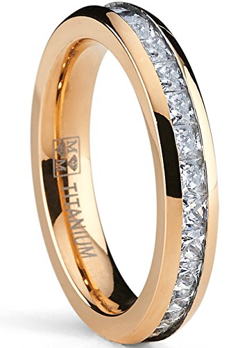 Ultimate Metals Anillo de Matrimonio Titanio Para Mujer, Banda Chapado en Oro Rosa Con Circonitas Talla Princesa, 4MM