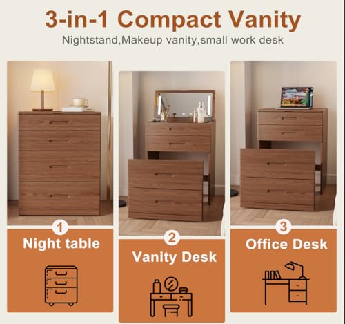 Image of 3 In1 Soild Wood Make up Table with Hidden Mirror and Chair,W20xd20xh32inch Vanity with Lights, Dressing Table with 4 Drawers Storage and Adapter Outlet for Small Space,Vanity Desk for Bedroom