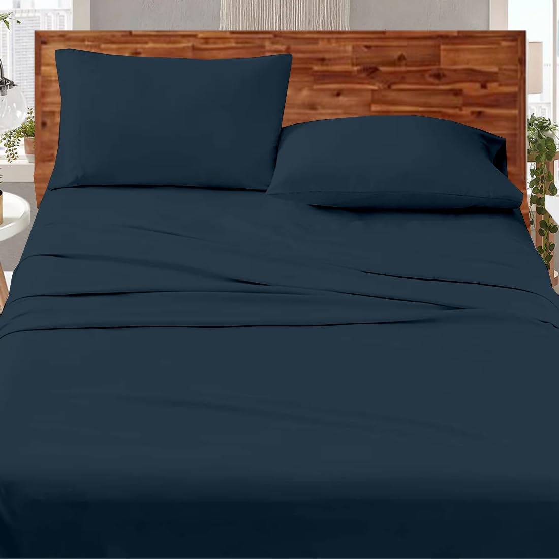Bedsheets for Double - 90x100 Inch Bed - Microfiber Plain Navy Blue Solid Bed Sheet Include Pillow Cover, Ultra Soft | for Home, Hotel, Villa, Resort and Guest House