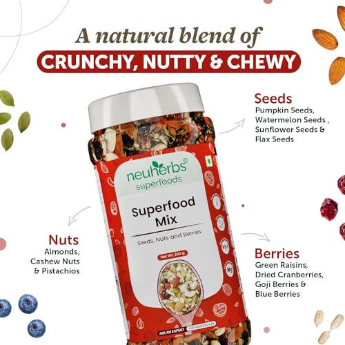 Image of Neuherbs Superfood Mix with Seeds, Nuts & Berries | Unroasted Pumpkin Seeds, Sunflower, Cashew Nuts, Almonds, Pistachios, Blueberries, Flax Seeds | Rich in Protein & Vitamin E - 200g