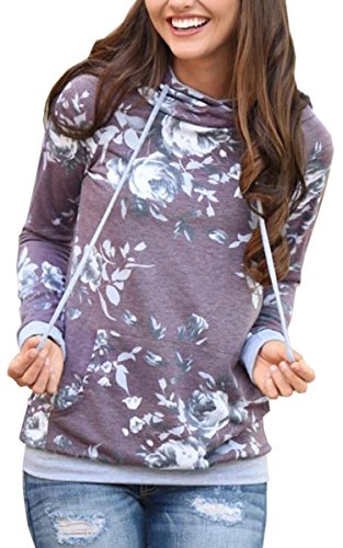 Angashion Women Hoodies-Tops- Floral Printed Long Sleeve Pocket Drawstring Sweatshirt With Pocket,Purple,US 8/Tag L
