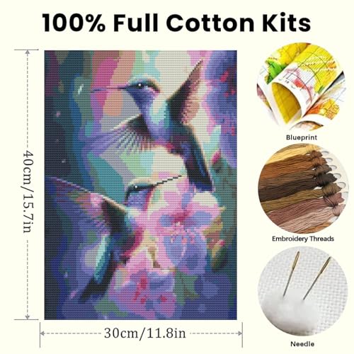Image of BXXRBX Hummingbird Stamped Cross Stitch Kits for Adults- Embroidery Kit for Adults Bird, DIY Colorful Embroidery Needlepoint Kits for Wall Decor Arts and Craft 12x16inch