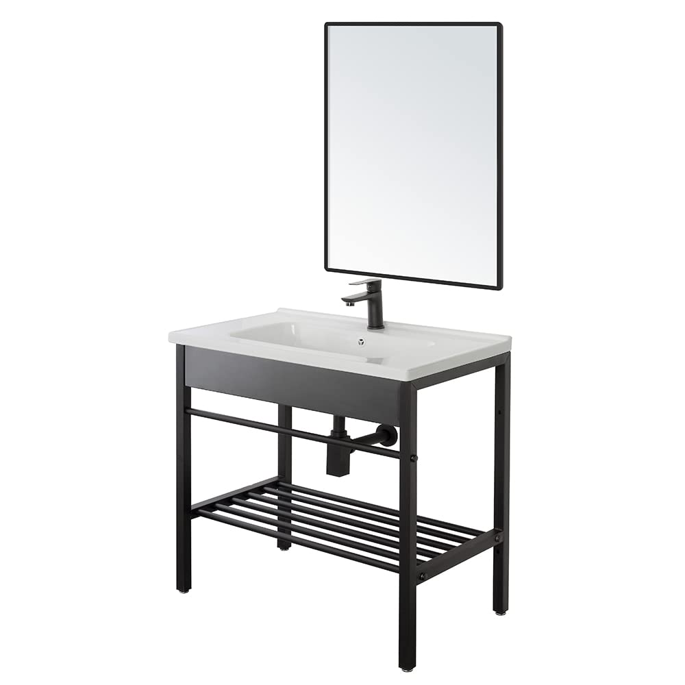 Inbagno Mobile bagno a terra 60 cm nero opaco, stile industrial completo di lavandino e specchio reversibile, Borg (Larghezza 60 cm)