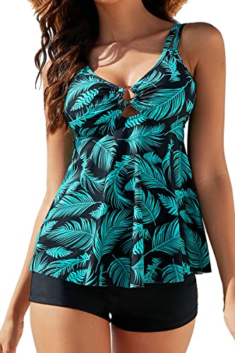 VILOREE Damen Tankini Set Figuroptimizer Zweiteilig Blumen Bademode Mit Hotpants Grüne Blätter (N96) 4XL