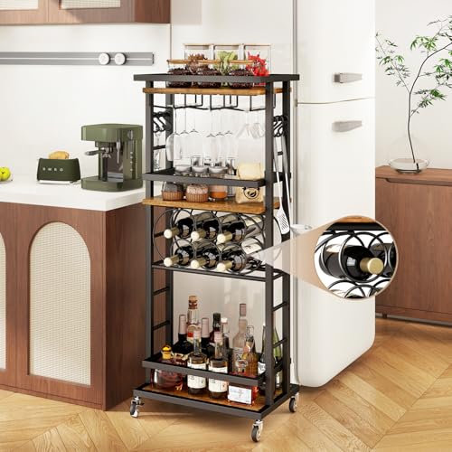 IBUYKE 4-Tier Liquor Cabinet with wheels,Wine Rack Freestanding Floor, Bar Cart for Liquor Whiskey Wine,Versatile Wine Bottle Display Shelf,Mini Bar for Home Living Room,Rustic Brown TMJ912H - Image 3