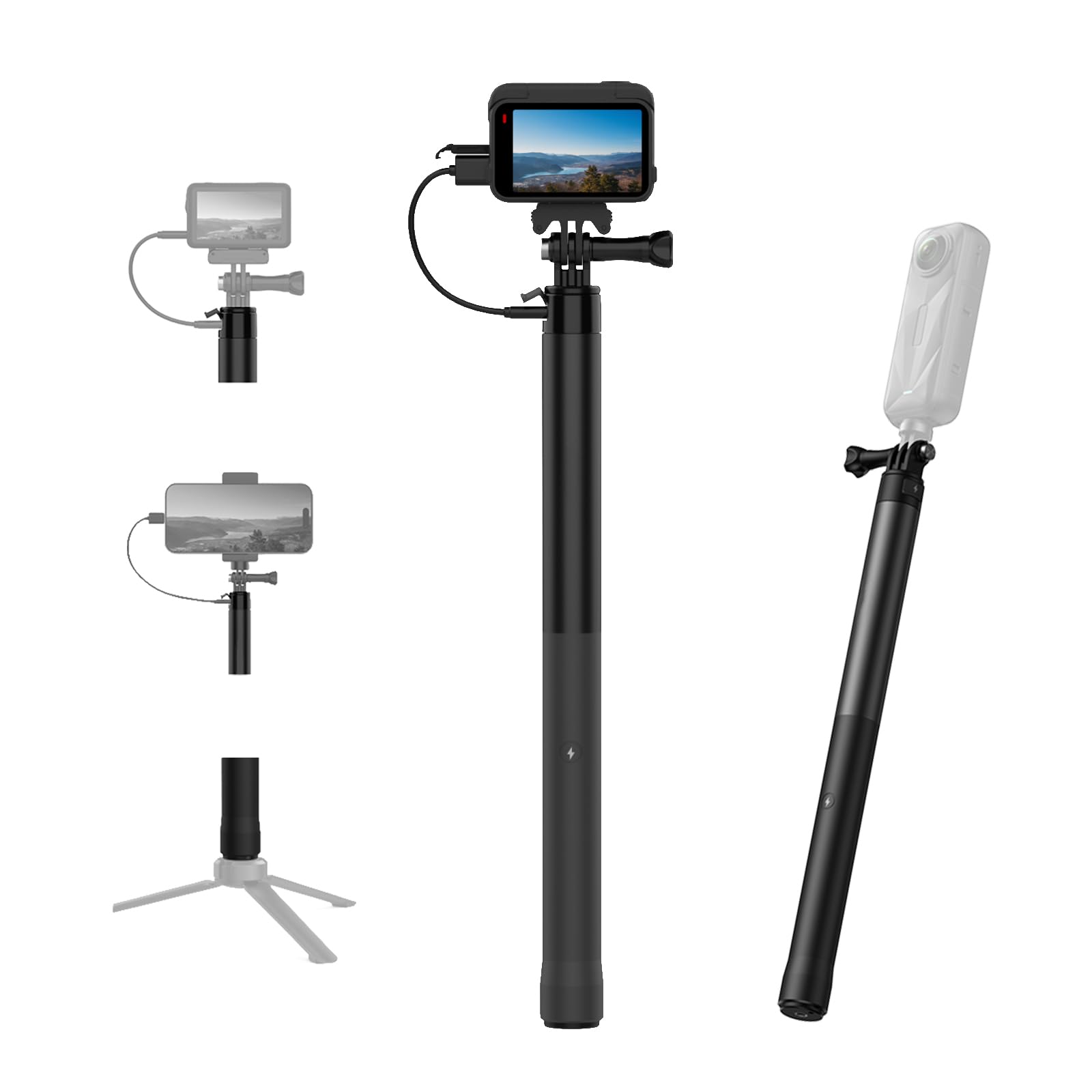 Rallonge de Perche à Selfie, Rechargeable, Monopode, avec poignée de Charge, 5000 mAh, pour Go Pro, Insta360, appareils Photo DJI, iPhone et Smartphones Android (sans Support de téléphone Portable)