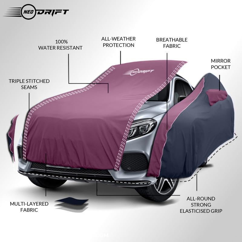 Image of NEODRIFT 'SuperTech' Car Cover for Tata Indigo (100% Water-Resistant, All Weather Protection, Tailored Fit, Multi-Layered & Breathable Fabric) (Colour: Maroon+Black)