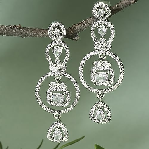 Rhodium-Plated Circular Drop Earrings with American Diamonds
