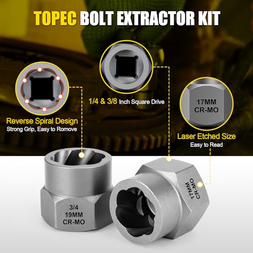 Image of TOPEC Bolt Extractor Kit, 35-Piece Stripped Bolt Extractor Socket Set | 1 /4 inch & 3 /8 inch Drive Easy Out Socket Set, Nut Remover for Removing Broken, Rusted, Rounded Fasteners