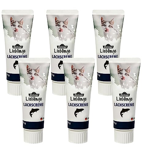 Dehner Lieblinge Katzensnack, Leckerli Creme zuckerfrei, für ausgewachsene Katzen, Lachs, 6 x 75 g (450 g)