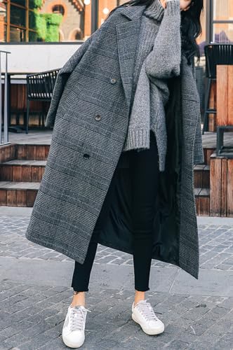 chouyatou Women's Fall Winter Oversized Notched Collar Double Breasted Plaid Wool Blend Long Trench Coat3