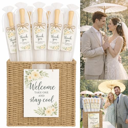 Wedding Shade Station for 50-80 Guest 33in Wedding Paper Parasol Set with Woven Storage Box Organza Bag Thank You Tag and Welcome Sign for Wedding Guest Favor Outdoor Ceremony and Bridal Partie