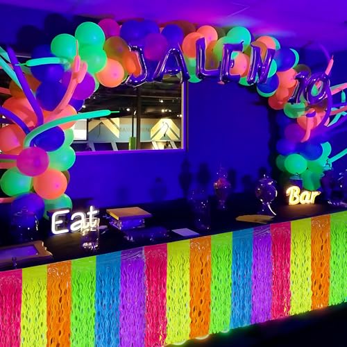 Image of 2 Pack Neon Tinsel Foil Fringe Table Skirts 108 x 29.5 Inch Glow in The Dark Party Table Decoration UV Reactive Fluorescent Wavy Tables Skirt for Glow Birthday Wedding Supplies Neon Party Decor
