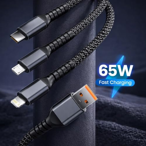 Image of 65W All-in-One 3-in-1 Fast Charging Cable, Type-C & Micro USB, Nylon Braided for for Car Charging, Office & Home Use