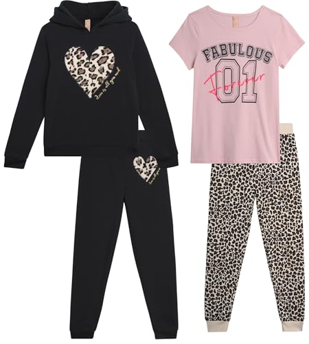Image of Dreamstar Girls Pants Set - 4 Piece Fleece Pullover Hoodie Sweatshirt Short Sleeve Tee Shirt and Jogger Pants Activewear Set