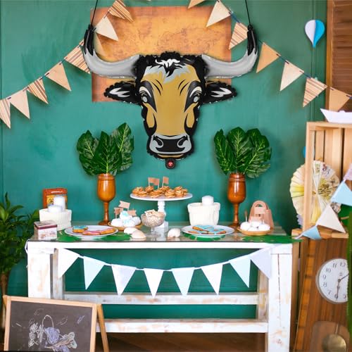 Image of Gejoy 6 Pcs Western Party Decorations Long Horn Cow Balloons Cowboy Aluminium Foil Balloon for Cowgirl Decorations Rodeo Balloons Western Party Supplies (Bull)