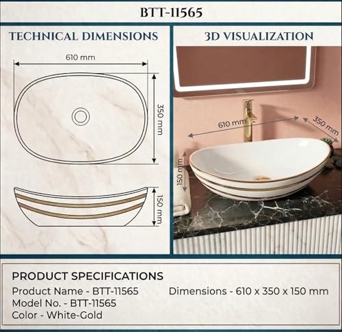 Image of BASSINO 24x14x6 Inches Ceramic Table Top Wash Basin /Designer Bathroom Sink /Countertop Vessel Basin /Luxury Washbasin /Above Counter Basin for Bathroom /Vanity Sink for Dining Hall(Glossy White & Gold)