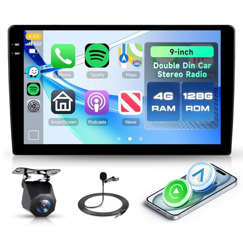 4G+128G Rimoody Android Radio de Coche 2 DIN, 9 Pulgadas Pantalla 2 DIN IN-Cell con Carplay Android Auto Inalámbrico Navegación GPS Bluetooth WiFi FM/RDS/EQ Controles del Volante Cámara Trasera