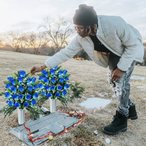 Artificial Cemetery Flowers, Grave Decorations Roses, Memorial Flowers Bouquet with Cemetery Vase, 2 Sets (Pure Blue) image 2