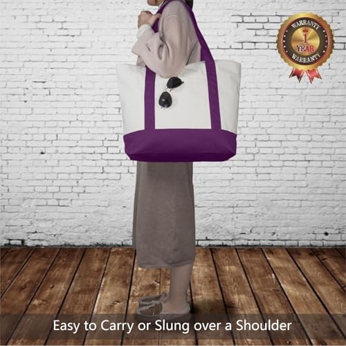 Image of TOPDesign 6-Pack Canvas Tote Bags with an External Pocket, Reusable Grocery Shopping Bags, Top Zipper Closure, Daily Essentials (Purple /Natural)