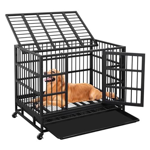 JY QAQA 38 Inch Heavy Duty Indestructible Dog Crate, Escape Proof Dog Cage Kennel with Lockable...
