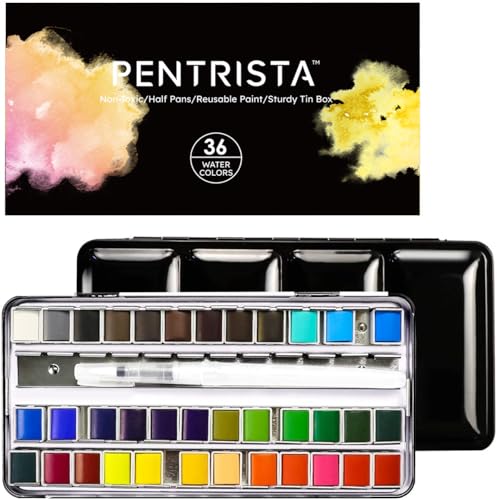 PENTRISTA Watercolor Paint set, 36 Colors Premium Solid Watercolor Half Pans in Tin Box, 1 refillable Water Brush Pen, Art Pigment Kit Perfect for Artists Students Kids Beginners and Art Lovers