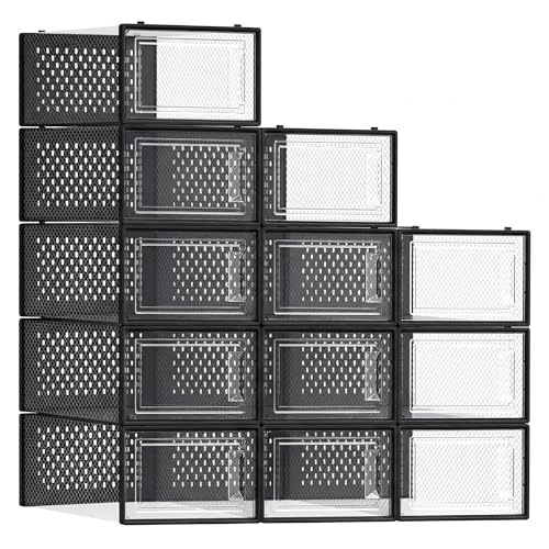 Image of SONGMICS Shoe Boxes, Pack of 12 Shoe Storage Organizers, Stackable Clear Plastic Boxes for Closet, Sneakers, 13.1 x 9.1 x 5.6 Inches, Transparent and Black ULSP006B12