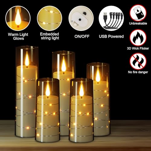 Image of Rechargeable Flameless Flickering Candles String Lights Battery Operated with Remote and Timer Plastic Glass 3D Wick LED Pillar Candle Dinner Christmas Holiday Decor(2.3 inchD x 5 inch, 6 inch, 7 inch, 8 inchH)