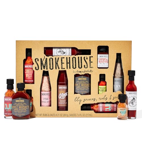 Smokehouse by Thoughtfully, Ultimate BBQ Sampler Set, Vegan and Vegetarian, Includes a Variety of Flavorful USA Made BBQ Sauces, Rubs, and Salts for Smoking and Grilling in Sample Size Glass Bottles