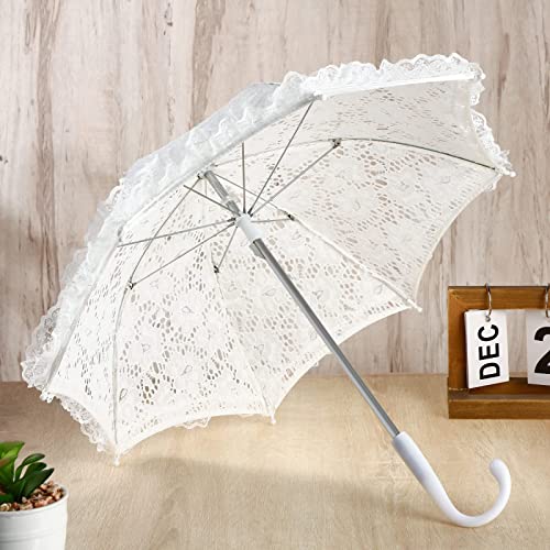Saintrygo White Lace Parasol Umbrella Wedding Bridal Flowers Embroidery Umbrella Vintage Romantic Umbrella With Floral Lace Wrist Gloves For Women Wedding Party Photo Props Lady Costume Accessory #TOP3