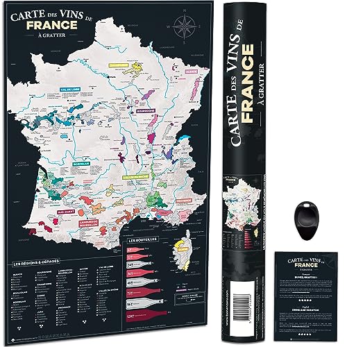 Bonanzana - Carte des Vins de France à Gratter - 70 x 42 cm - Poster Carte à Gratter - Avec 200 Vignobles, 82 Cépages & 8 Bouteilles - Idée Cadeau Vins...