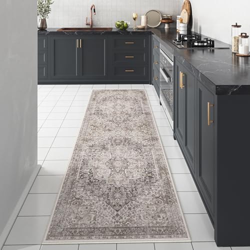 PureCozy Beige Runner Rug 2x6 Vintage Area Carpet Hallway Long Indoor Kitchen Washable Living Room Low Pile Traditional Distressed Retro Accent Throw Rug Non Slip Laundry Bathroom Office 2'