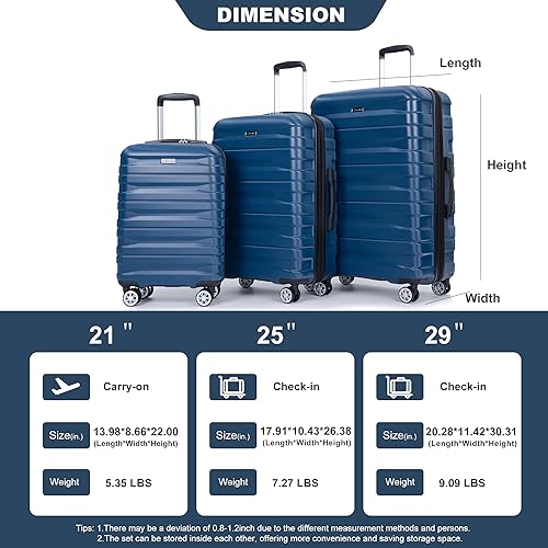 3 Piece Luggage Sets PC Lightweight & Durable Expandable Suitcase with Two Hooks, Double Spinner Wheels, TSA Lock, (21/25/29) Dark Blue3