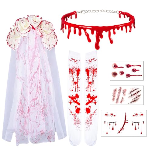 XINDY Dead Bride Costume Women Zombie Bride Halloween Costume Accessories Set Bloody Veil Headband Thigh High Socks Necklace Scar Tattoos for Adult Women Scary Halloween Costumes Cosplay Party