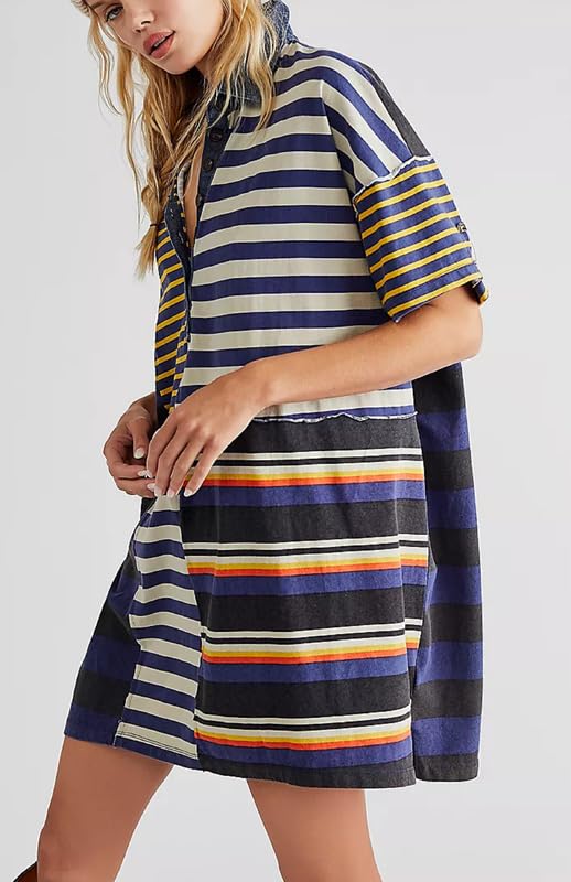 Image of NUFIWI Y2K Striped Shirt Mini Dress for Women Oversized Stripe Tunic Tshirt Dresses Short Sleeve Buttons Loose Fit Tee Dress