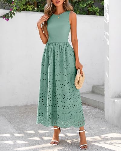 Image of dowerme Women Summer Dresses 2026 Casual Sleeveless Crewneck A-Line Boho Lace Eyelet Cotton Tank Maxi Dress with Pockets