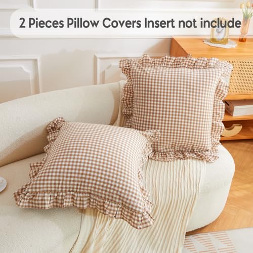 Taupe and White Plaid Euro Pillow Shams Ruffle Pillowcases Set of 2, Checkered Pillow Cover Washed Cotton Gingham Pillow Covers - 26"x26",Taupe/White Plaid