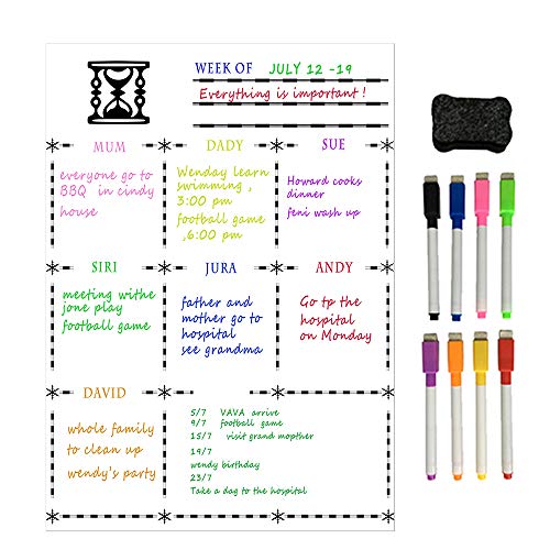 Dry Erase Whiteboard Weekly Planner Calendar Magnet Sticker Board with 8 Color Marker Pen,1 Board Dry Erase Fridge,Fine Tip