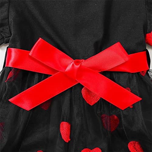 Toddler Girl Summer Round Neck Short Sleeve Black Background Red Heart Print Dress Princess Dress (Black, 4-5 Years)2
