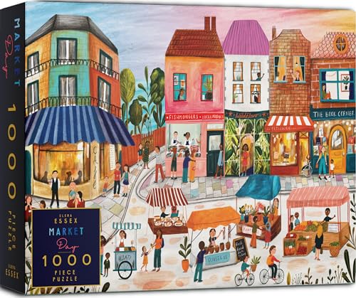 Elena Essex Jigsaw Puzzle - Market Day, Jigsaw Puzzles for Adults 1000, Jigsaws 1000 Pieces for Adults, Summer Landscape Shops Village Town Scene Puzzle, Size 70x50cm