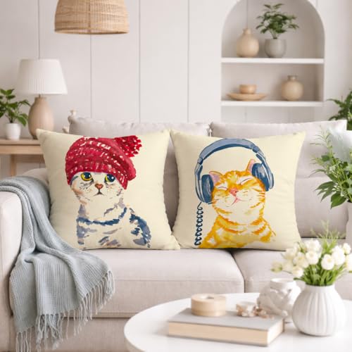 Image of STITCHNEST Set of 2 Jute Cushion Covers - 12x12 Inches - Cute Cat in Beanie & Headphone Cat Prints - Designer Decorative Pillow Covers for Sofa, Living Room & Bedroom | Perfect for Home Decor