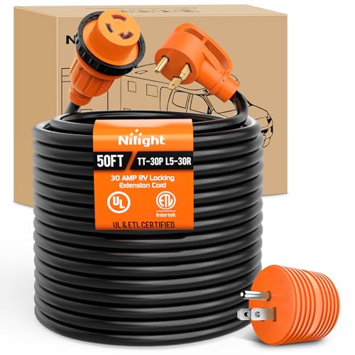 Image of Nilight 30 Amp 50FT RV Locking Extension Cord with Adapter 15Amp to 30Amp 125V Heavy Duty 10 Gauge Pure Copper STW Wire ETL Listed 3 Prong TT-30P L5-30R 30F /30M Weatherproof Suit for Camper Trailer