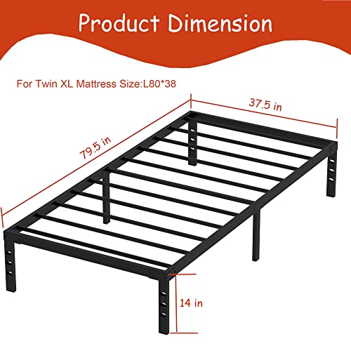 Tooyyer 14Inch Twin Xl Extra Long Metal Bed Frame 2500 Lbs Support Heavy Duty Sturdy Steel Frame No Box Spring Needed Easy To Assembly Mattress Foundation Non-Slip Support&Noise Free Black Bed Twin Xl #TOP2